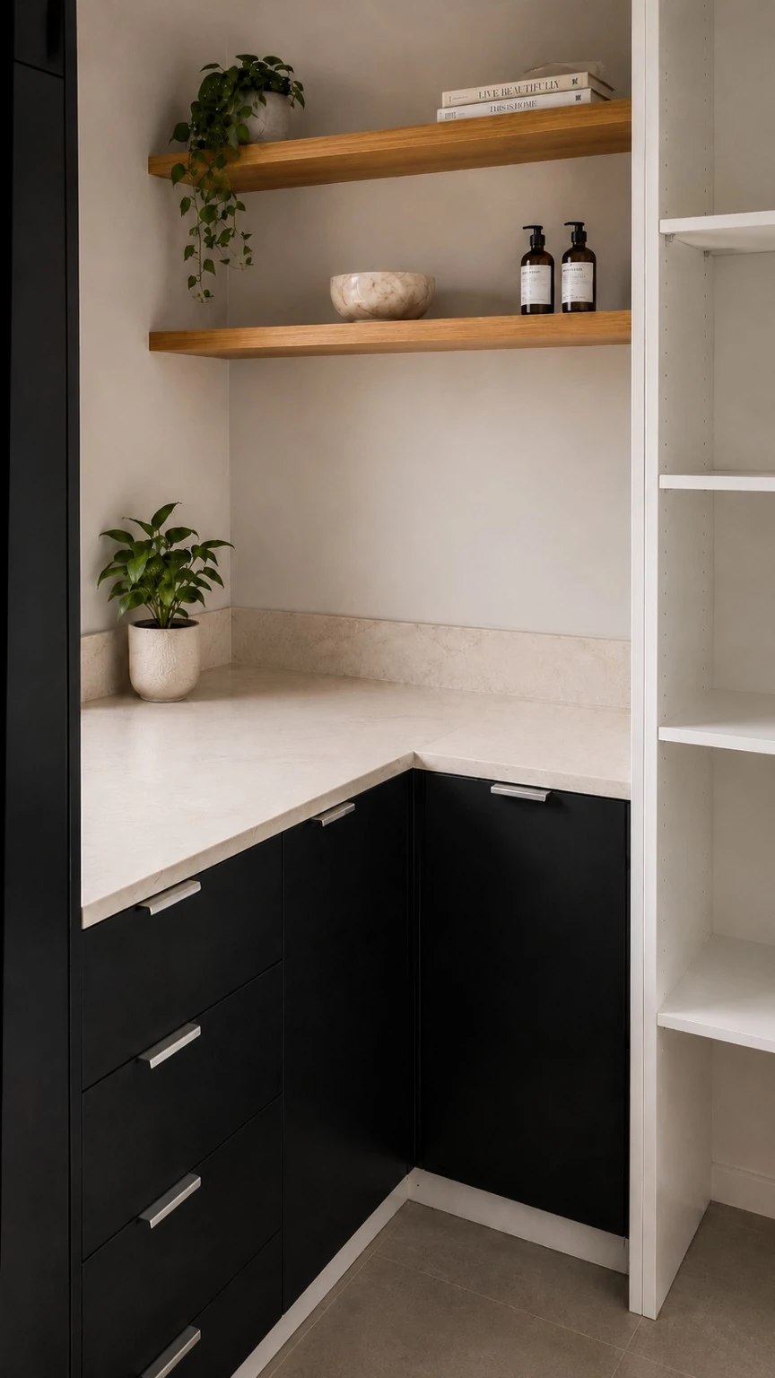Dark custom cabinetry with timber shelving